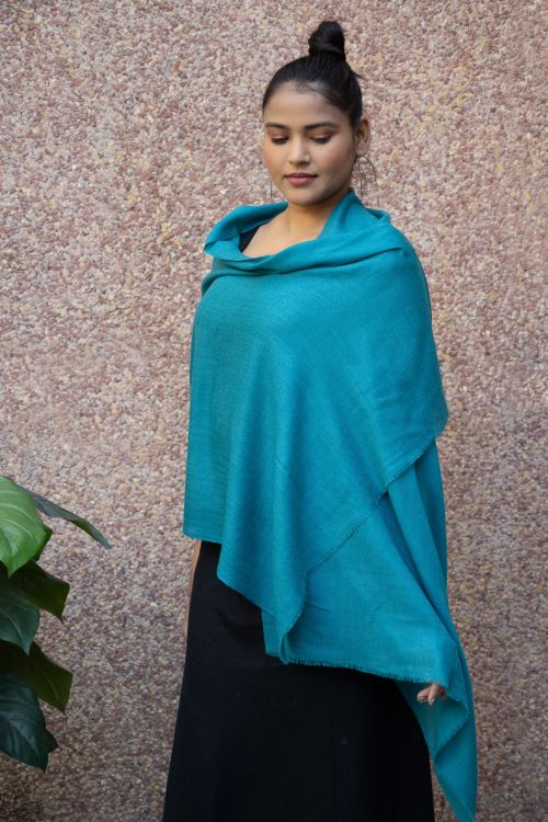 TICH Fine, Soft Kashmiri Plain Wool Stole - Teal Blue - Image 2