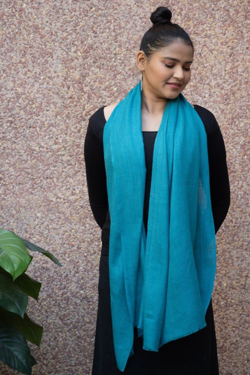 TICH Fine, Soft Kashmiri Plain Wool Stole - Teal Blue - Image 3