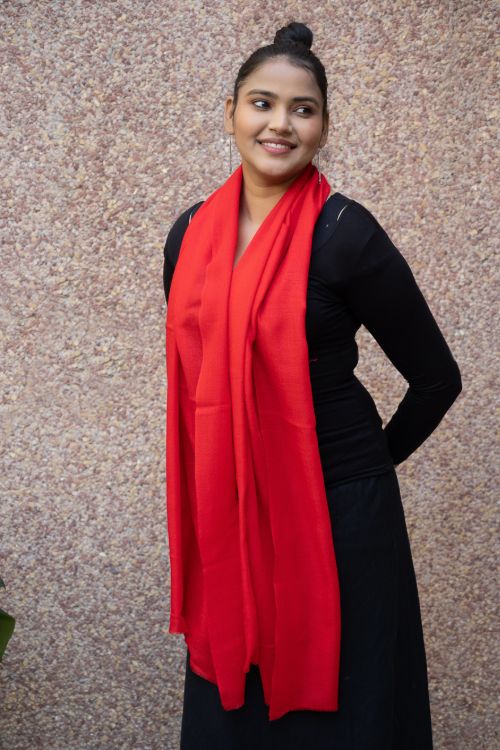 TICH Fine, Soft Kashmiri Plain Wool Stole - Vivid Red - Image 3