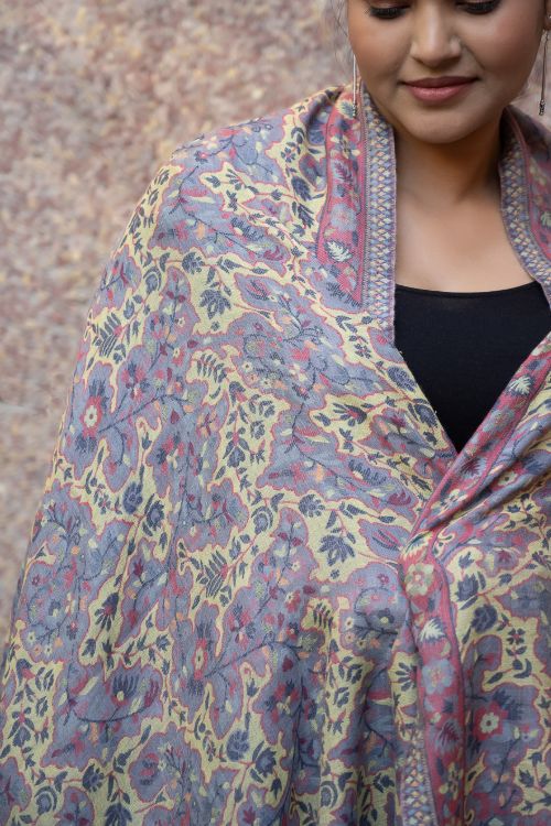 TICH Fine, Soft Kashmiri Wool Stole - Lemon Floral - Image 4