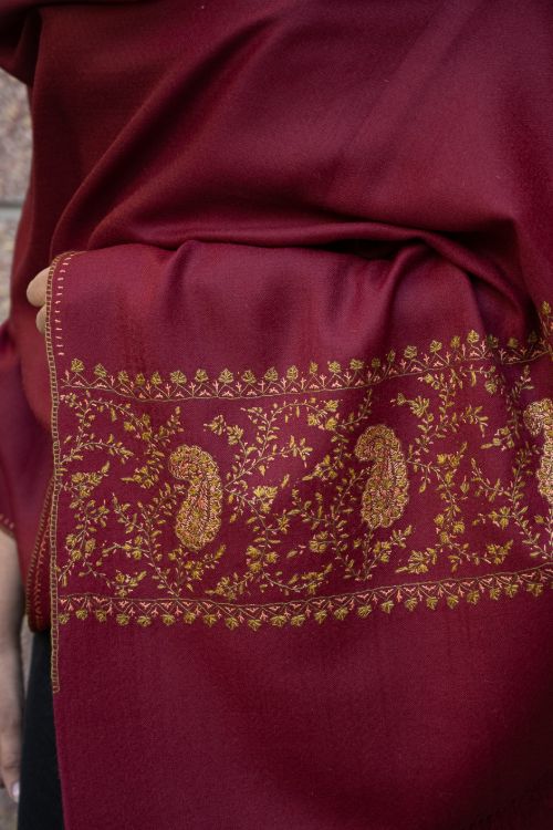 TICH Fine Sozni Hand Embroidered Pure Wool Stole - Red Paisley - Image 2