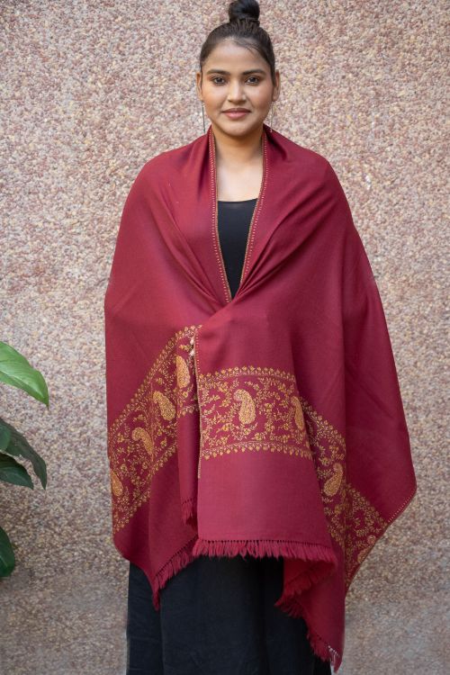 TICH Fine Sozni Hand Embroidered Pure Wool Stole - Red Paisley - Image 3