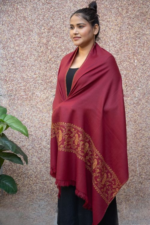 TICH Fine Sozni Hand Embroidered Pure Wool Stole - Red Paisley - Image 4