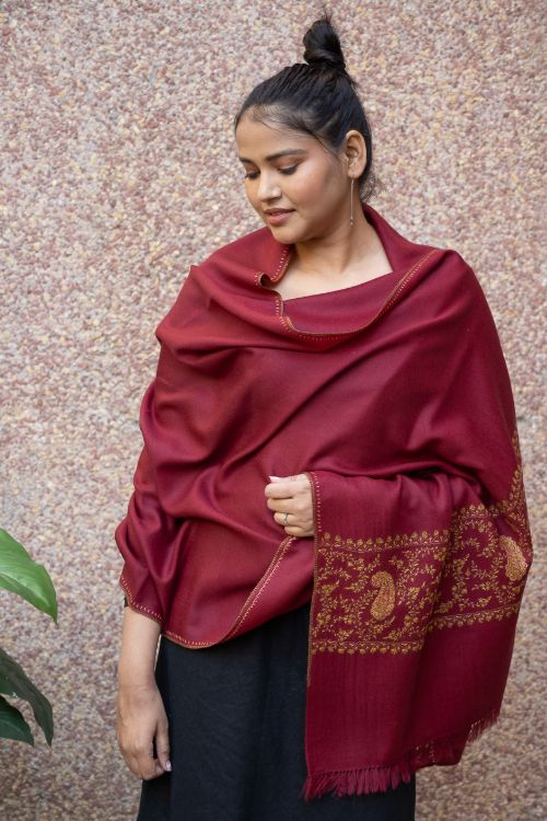 TICH Fine Sozni Hand Embroidered Pure Wool Stole - Red Paisley - Image 5