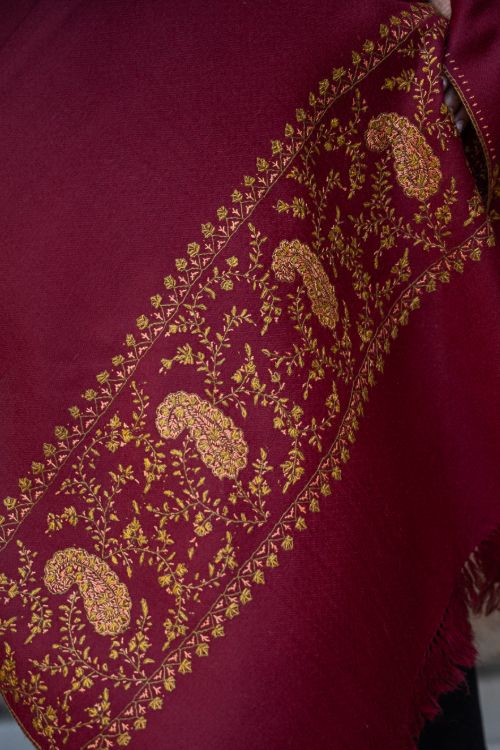 TICH Fine Sozni Hand Embroidered Pure Wool Stole - Red Paisley - Image 6