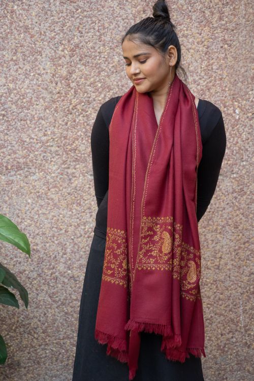 TICH Fine Sozni Hand Embroidered Pure Wool Stole - Red Paisley - Image 7