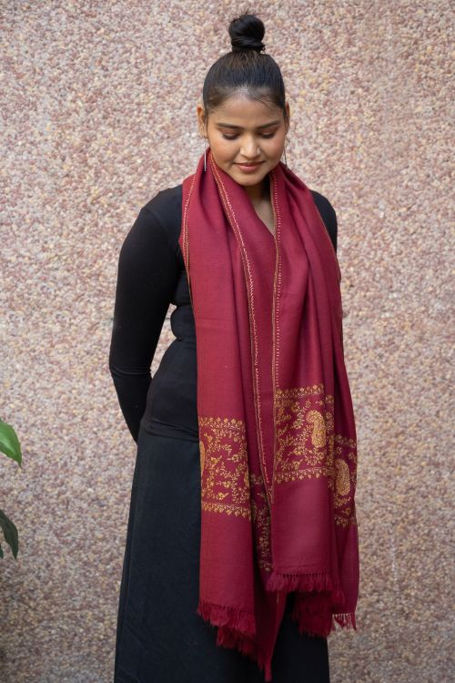 TICH Fine Sozni Hand Embroidered Pure Wool Stole - Red Paisley - Image 8