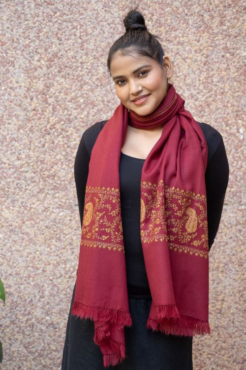 TICH Fine Sozni Hand Embroidered Pure Wool Stole - Red Paisley - Image 9