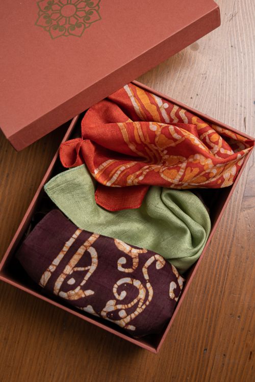 TICH Heritage Batik Print Pocket Squares (Set of 3)-Mint Green, Violet & Orange - Image 3