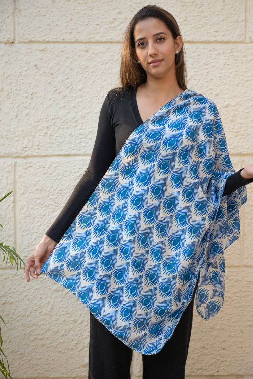 TICH Light & Elegant Silk Batik Stole - Blue Feathers - Image 3