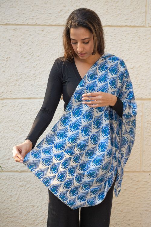 TICH Light & Elegant Silk Batik Stole - Blue Feathers - Image 5