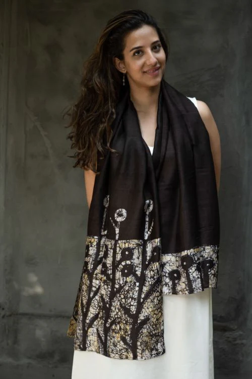 TICH Light & Elegant Silk Batik Stole - Brown Abstract