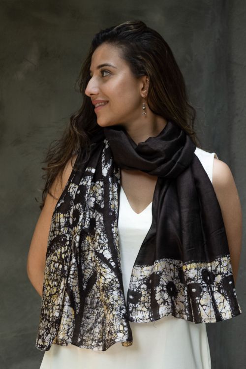 TICH Light & Elegant Silk Batik Stole - Brown Abstract - Image 2