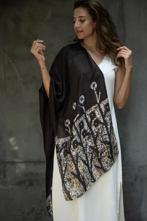 TICH Light & Elegant Silk Batik Stole - Brown Abstract - Image 3