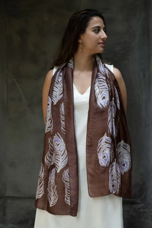 TICH Light & Elegant Silk Batik Stole - Brown Feathers - Image 2