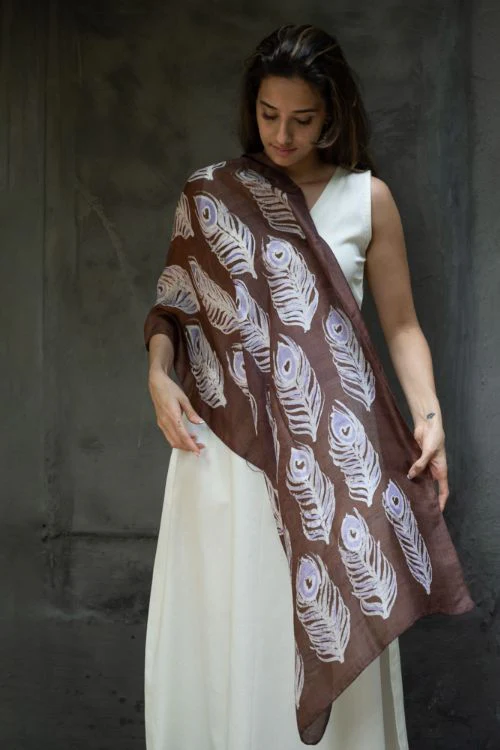 TICH Light & Elegant Silk Batik Stole - Brown Feathers - Image 3