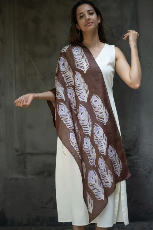 TICH Light & Elegant Silk Batik Stole - Brown Feathers - Image 4
