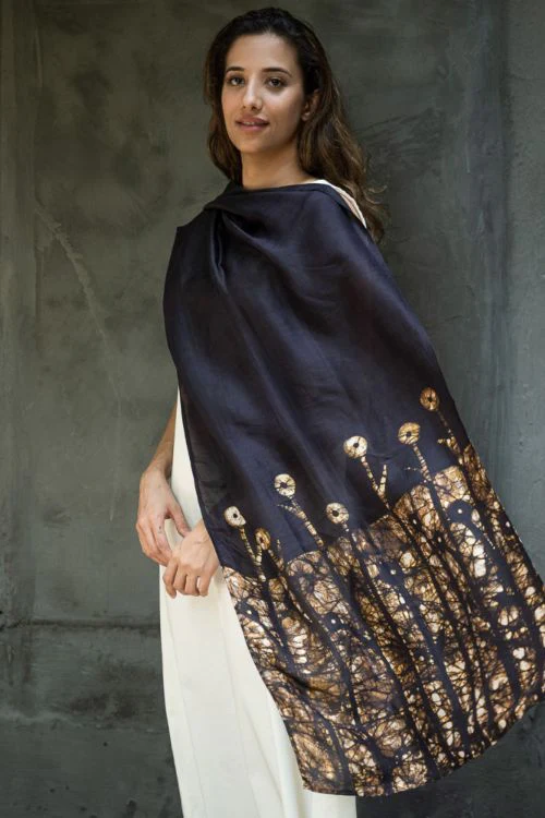 TICH Light & Elegant Silk Batik Stole - Brown Leaves