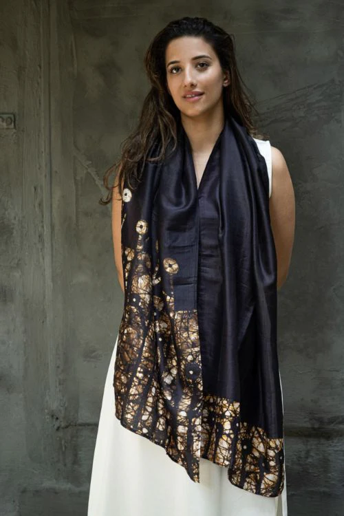 TICH Light & Elegant Silk Batik Stole - Brown Leaves - Image 3