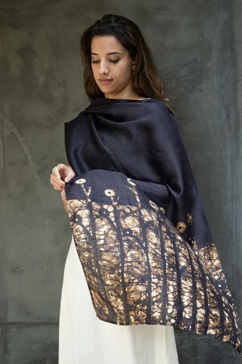 TICH Light & Elegant Silk Batik Stole - Brown Leaves - Image 4