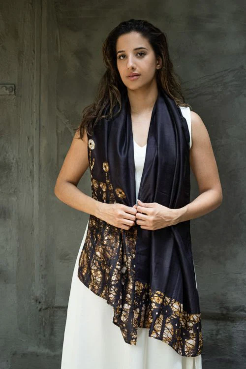 TICH Light & Elegant Silk Batik Stole - Brown Leaves - Image 5