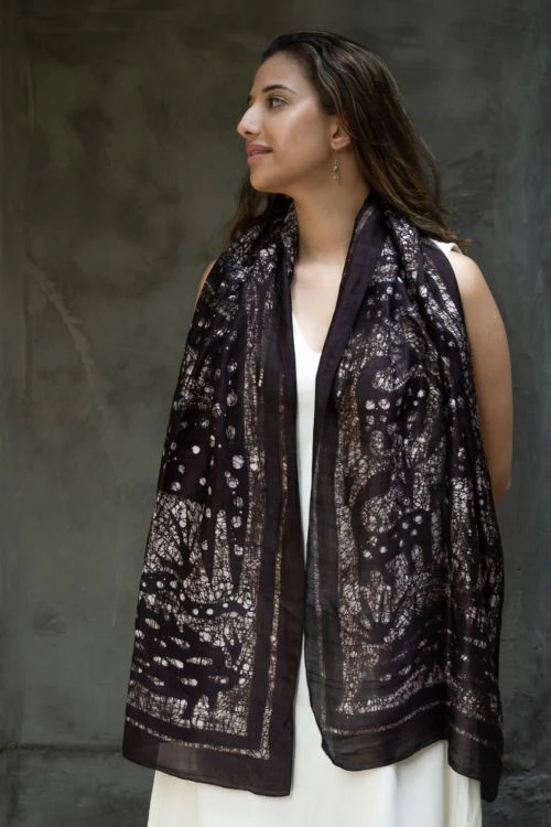 TICH Light & Elegant Silk Batik Stole - Dark Brown Abstract - Image 3