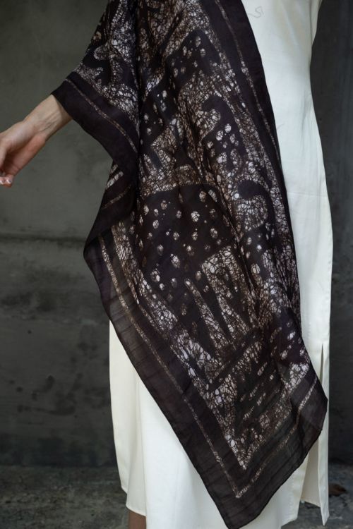 TICH Light & Elegant Silk Batik Stole - Dark Brown Abstract - Image 5