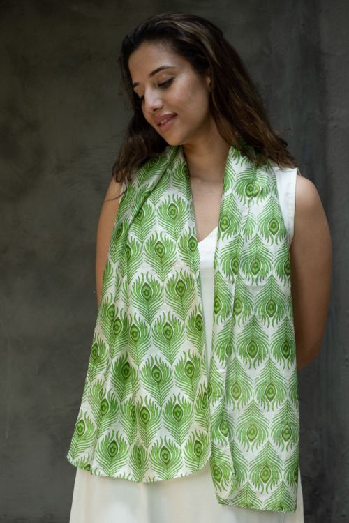 TICH Light & Elegant Silk Batik Stole - Green Feathers - Image 3