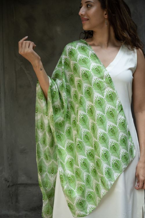TICH Light & Elegant Silk Batik Stole - Green Feathers - Image 4
