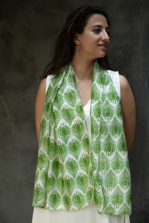 TICH Light & Elegant Silk Batik Stole - Green Feathers - Image 5