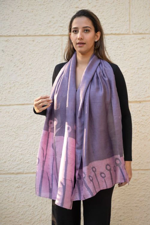 TICH Light & Elegant Silk Batik Stole - Lavender Stems - Image 3