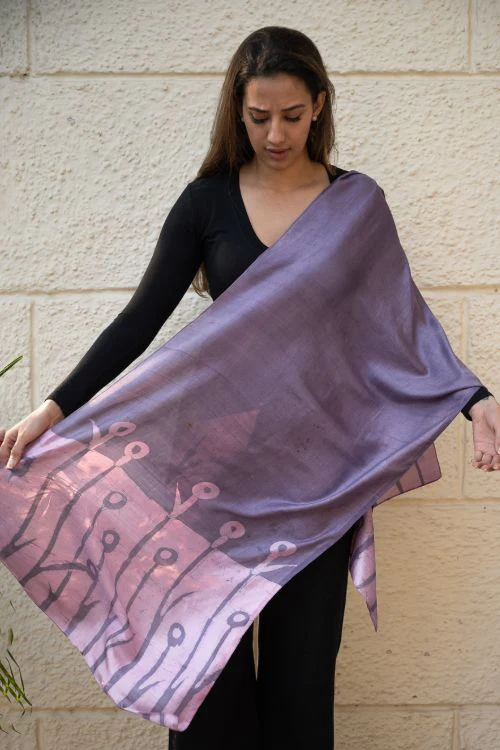 TICH Light & Elegant Silk Batik Stole - Lavender Stems - Image 6