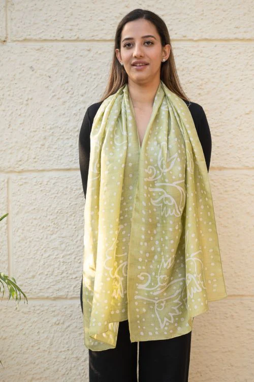 TICH Light & Elegant Silk Batik Stole - Lime Dots - Image 3