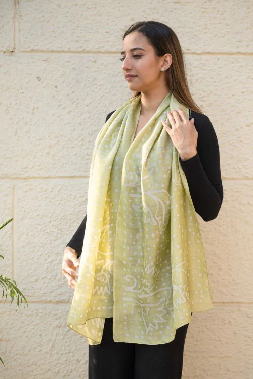 TICH Light & Elegant Silk Batik Stole - Lime Dots - Image 4