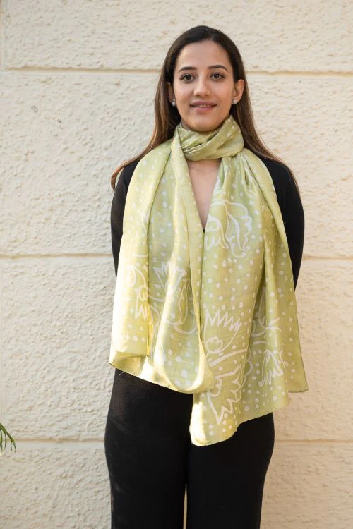 TICH Light & Elegant Silk Batik Stole - Lime Dots - Image 5