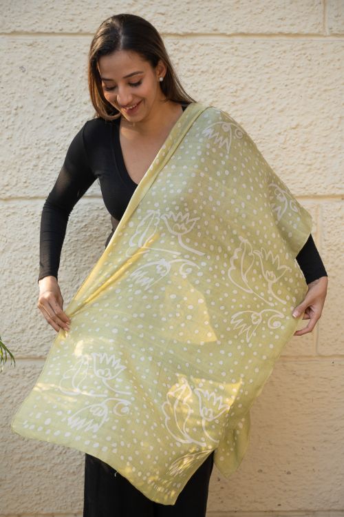 TICH Light & Elegant Silk Batik Stole - Lime Dots - Image 6