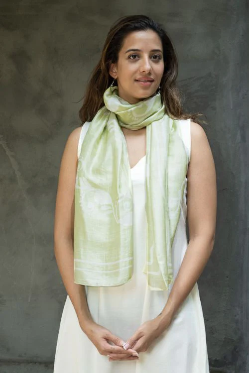 TICH Light & Elegant Silk Batik Stole - Lime Green Vines - Image 2