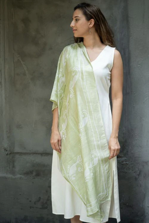 TICH Light & Elegant Silk Batik Stole - Lime Green Vines - Image 3