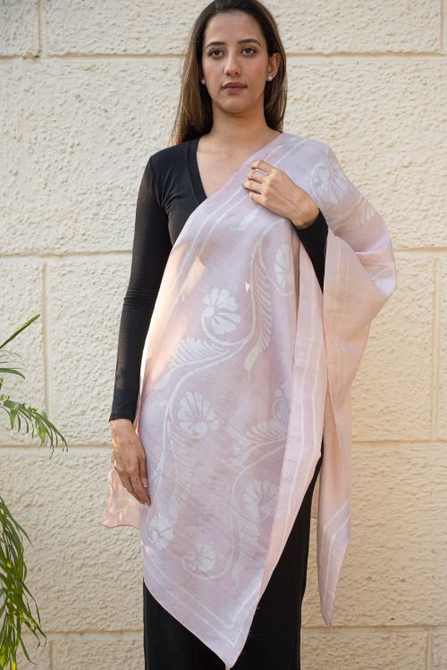 TICH Light & Elegant Silk Batik Stole - Pale Pink Flora - Image 2
