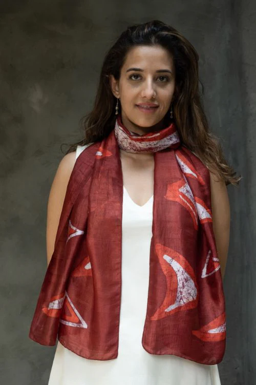 TICH Light & Elegant Silk Batik Stole - Red Abstract