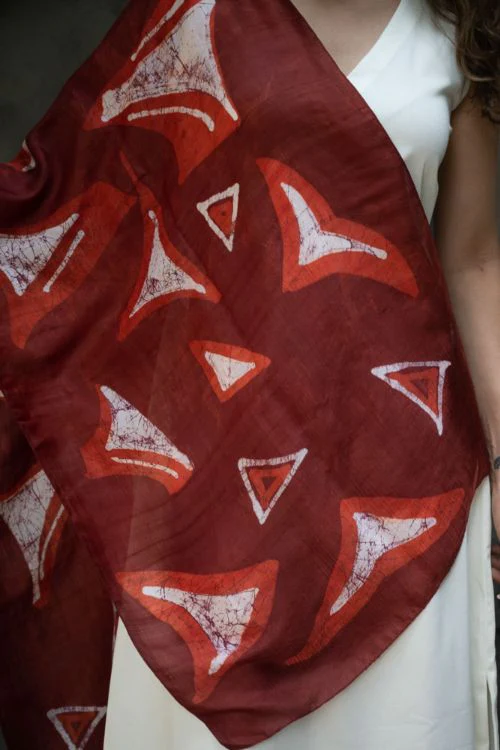 TICH Light & Elegant Silk Batik Stole - Red Abstract - Image 2