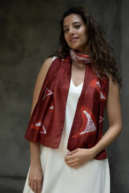 TICH Light & Elegant Silk Batik Stole - Red Abstract - Image 5