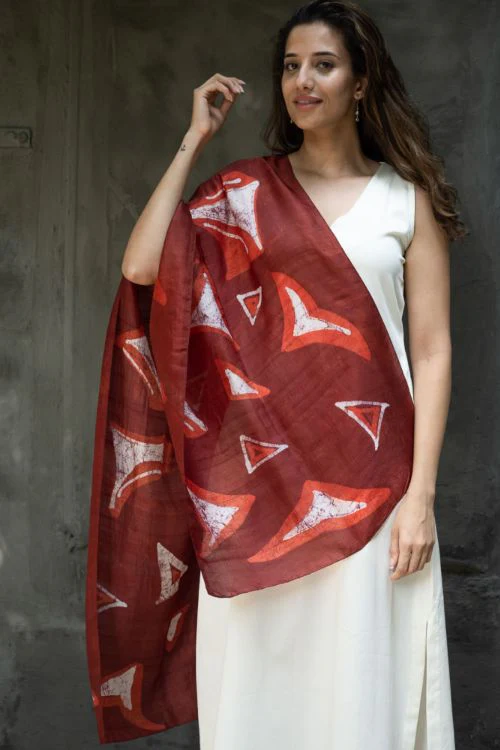 TICH Light & Elegant Silk Batik Stole - Red Abstract - Image 6