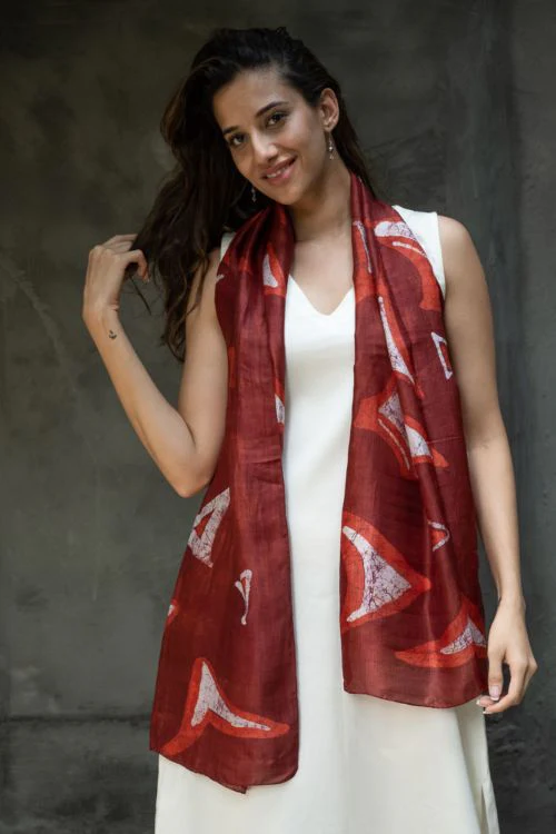 TICH Light & Elegant Silk Batik Stole - Red Abstract - Image 7