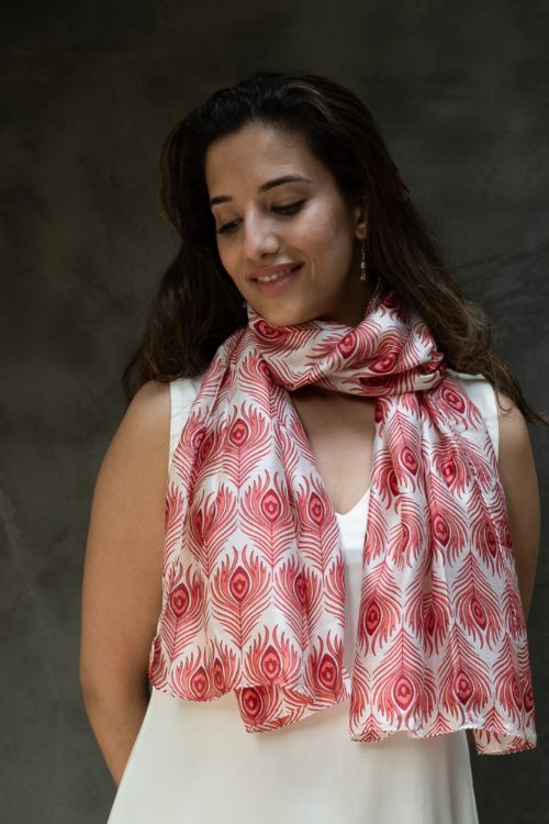 TICH Light & Elegant Silk Batik Stole - Red Feathers