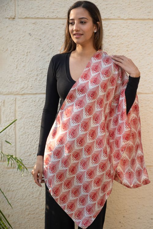 TICH Light & Elegant Silk Batik Stole - Red Feathers - Image 2