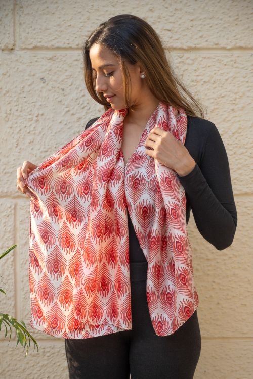 TICH Light & Elegant Silk Batik Stole - Red Feathers - Image 3