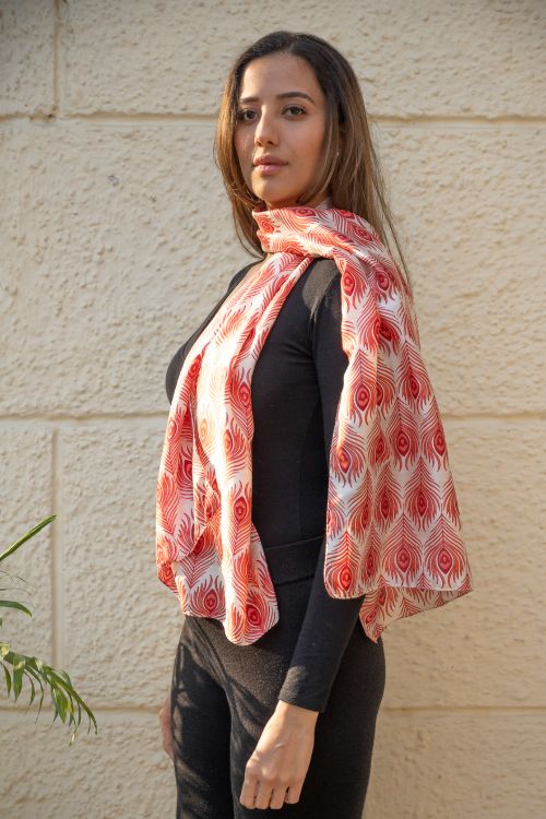 TICH Light & Elegant Silk Batik Stole - Red Feathers - Image 4
