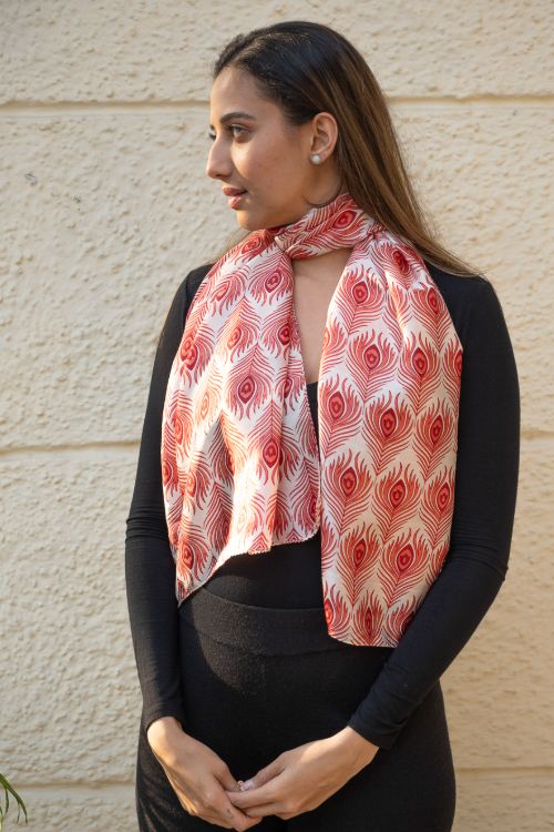 TICH Light & Elegant Silk Batik Stole - Red Feathers - Image 5