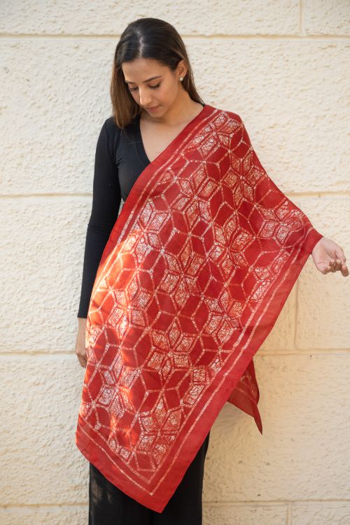 TICH Light & Elegant Silk Batik Stole - Red Honeycomb - Image 2